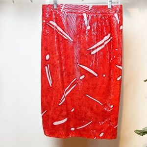 Tullo Vintage Elegant Sequins Silk High Waist Pencil Skirt in Red|Size: 6